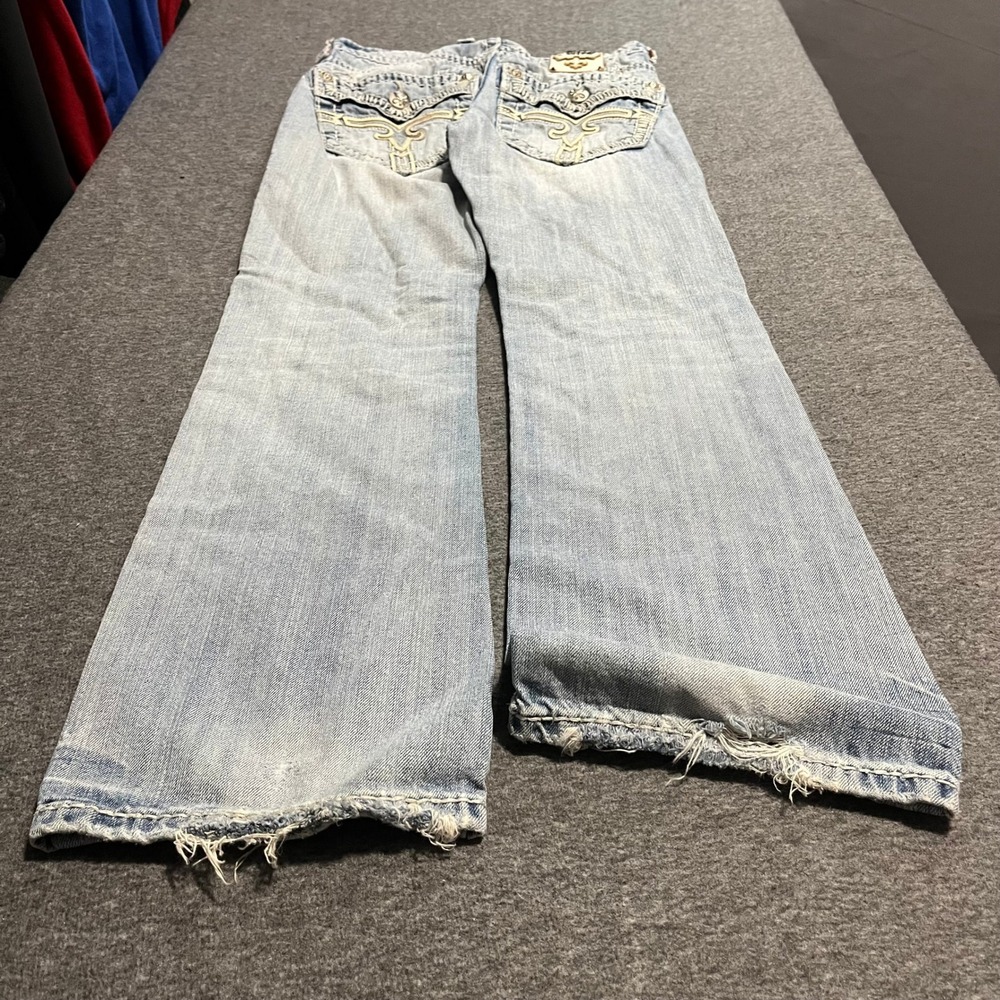 Rock Revival Nelson Bootcut Jeans Mens 28x31 Light Wash Distressed Fleur De Lis